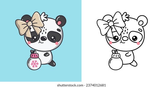 New Year Kawaii Panda for Coloring Page and Illustration. Adorable Clip Art Christmas Bear. Happy Vector Illustration of a Kawaii Animal for Christmas Stickers. 