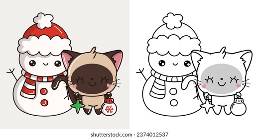 New Year Kawaii Siamese Cat for Coloring Page and Illustration. Adorable Clip Art Christmas Cat. Happy Vector Illustration of a Kawaii Animal for Christmas Stickers. 