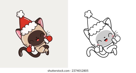 New Year Kawaii Siamese Cat for Coloring Page and Illustration. Adorable Clip Art Christmas Cat. Happy Vector Illustration of a Kawaii Animal for Christmas Stickers. 