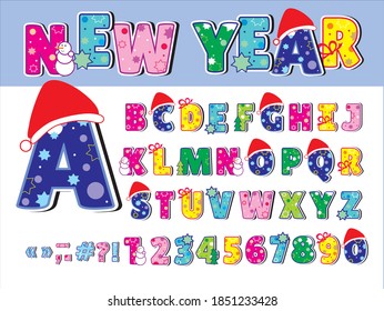 New year kids alphabet. Christmas font. Cartoon colorful english alphabet for holidays. ABC letters and numbers. Vector illustration. 