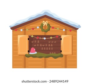 New Year kiosk with chocolate candies, wooden stall with snow on roof, Christmas holidays small shop on market. Vector wooden chalet with Santa Clause hat, garland and balloons for holidays decoration