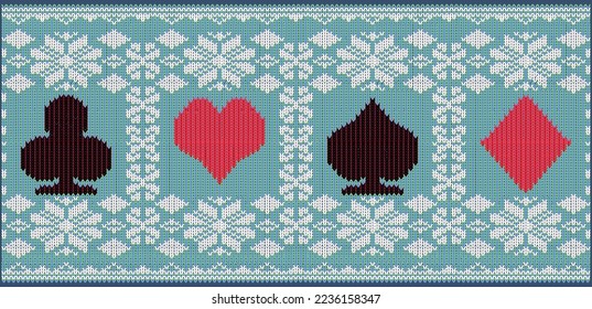 New year knitted background with xmas poker cards, vector illustration