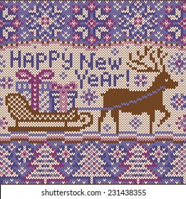 New year Knitted pattern with reindeer. Beautiful Christmas seamless border.  Northern style. Deer and sledge with gifts boxes. Creative vector illustration.