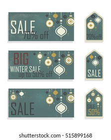 New year labels, gift voucher. Vintage grunge style. Gold and white toys. Place for your text. Invitation. Merry christmas concept. Christmas templates with ball, garlands.