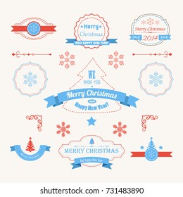 New Year labels and stickers set of different shapes with ribbons and inscriptions isolated vector illustration