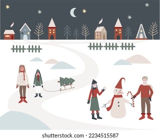 New year landscape. Houses and trees. People make a snowman and decorate it. And carry a Christmas tree on a sled