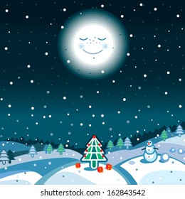 New year landscape with snowman and moon