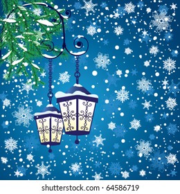 New year lanterns with spruce branches  on a blue background