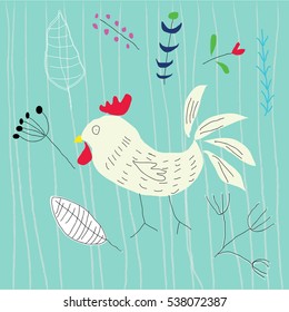 New Year  with a large white chicken among Plant vintage, hand-drawn vector graphics.