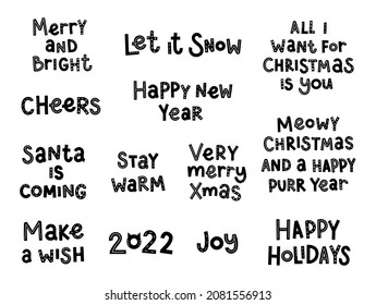 New year letteing set. Christmas quotes. Black and white hand drawn letters. Calligraphy for greeting cards, stickers, banners, prints and home interior decor. Isolated on white baclground