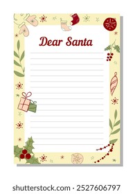 New Year letter to Santa Claus, wish list. Holiday new year decoration template. Page for New Year's wish list.