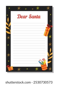 New Year letter to Santa Claus, wish list. Holiday new year decoration template. Page for New Year's wish list.