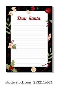 New Year letter to Santa Claus, wish list. Holiday new year decoration template. Page for New Year's wish list.