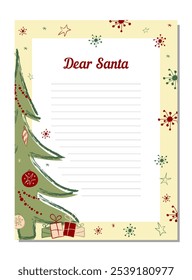 New Year letter to Santa Claus, wish list. Holiday new year decoration template. Page for New Year's wish list.