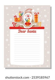 New Year letter to Santa Claus, wish list. Cute gnome sitting with gifts. Holiday new year decoration template. 