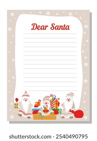 New Year letter to Santa Claus, wish list. Cute gnomes with gifts. Holiday new year decoration template. 