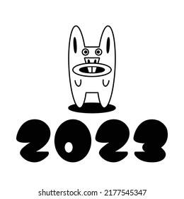 New Year lettering with calendar date. Symbol of the new year 2023. Black and white Easter Bunny. Stylization of a pet. A hare standing on its hind legs. Hand drawn numbers.