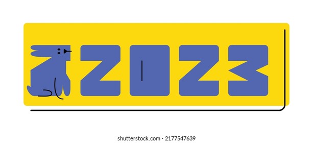 New Year lettering with calendar date. Symbol of the new year 2023. Graphic image of a rabbit in simple shapes. Stylization of a pet. Calendar banner. Geometric image style.