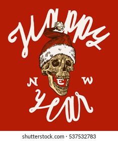 new year lettering card with a skull in Santa hat drawing.
