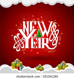 new year lettering in the center of red background with gift boxes in snowdrifts 