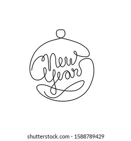 New year lettering and Christmas tree toy logo, greeting card, Happy new year 2020, banner, invitation, neon, poster, flyers, marketing, continuous line drawing, isolated vector illustration.