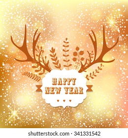 New Year lettering design with leaf and deer horn on bokeh lights background. Winter holidays card. Retro styled badge, banner. Vintage Insignias.  Silhouette Christmas typographic label