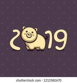 New year lettering with funny golden pig. Vector illustration. Template for holiday decoration, greeting card and invitation. Horoscope symbol 2019.