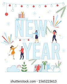 New Year Lettering with Happy Tiny People, Gift Boxes and Decoration. Invitation Flat Poster. Funny Festive Characters. Holidays Celebration. Congratulating and Greeting. Vector Cartoon Illustration