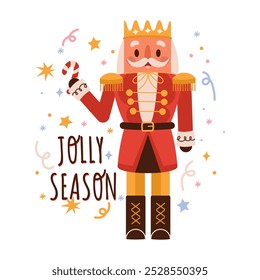 New year lettering. Nutcracker, vintage toy.  Christmas wooden doll of cute soldier with mustache in crown in retro style. Festive soldier statue. Flat vector illustration on white background. 