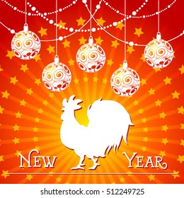 New Year Lettering with Rooster Image and Baubles