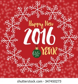 New year letters covered with snowflakes on red snowy background