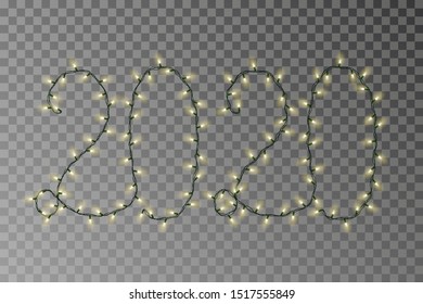 New year lights vector, 2020 yellow light string isolated on dark background. Transparent decorative garland. Holiday light decor effect element. Vector illustration.