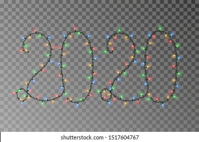 New year lights vector, 2020 color light string isolated on dark background. Transparent decorative garland. Holiday light decor effect element. Vector illustration.