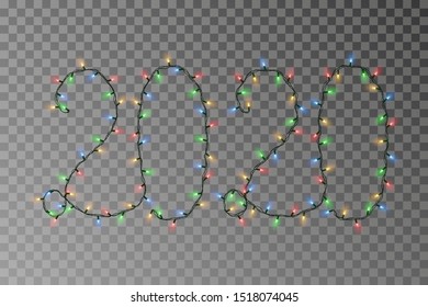 New year lights vector, 2020 color light string isolated on dark background. Transparent decorative garland. Holiday light decor effect element. Vector illustration.