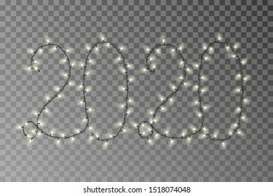 New year lights vector, 2020 white light string isolated on dark background. Transparent decorative garland. Holiday light decor effect element. Vector illustration.