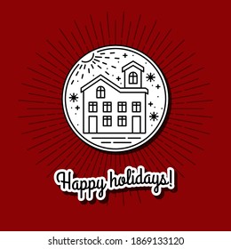 New Year Line Art Icon with Christmas Snow Home, Snowflakes and Rays. Vector illustration. Happy Character with Outline. Emblem for Cards, Gift Tags, printing on Holiday Souvenirs, banners and labels.