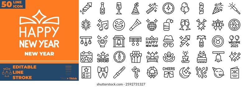 New Year Line Editable Icons set. Vector illustration in modern thin line style of new year icons: chinesemask, confetti, fan, fireworks, knot, etc