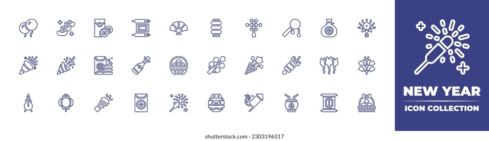 New year line icon collection. Editable stroke. Vector illustration. Containing balloon, gold ingots, red envelope, scroll, fan, chinese lantern, knot, chinese new year adornment, money bag, kumade.