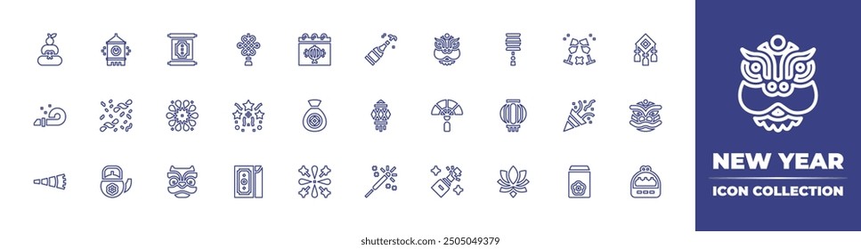 New Year line icon collection. Editable stroke. Vector illustration. Containing fireworks, chinesenewyear, lion, kagamimochi, partyblower, midnight, confetti, horn, teapot.