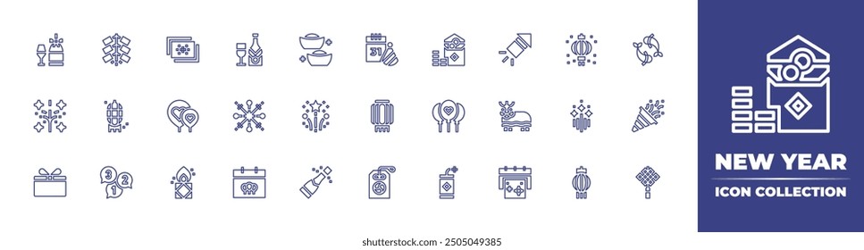 New Year line icon collection. Editable stroke. Vector illustration. Containing countdown, firecracker, champagne, photo, gift, birthdayandparty, fireworks, chineselantern, candle.