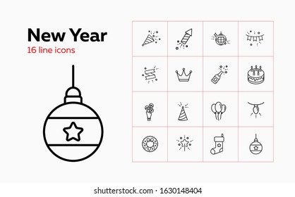 New Year line icon set. Wreath, ornament, firework. Celebration concept. Can be used for topics like party, holiday, Christmas eve
