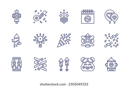 New Year line icon set. Editable stroke. Vector illustration. Containing lionhead, confetti, kumade, birthdayandparty, calendar, noisemaker, chineselantern, firework, fireworks.