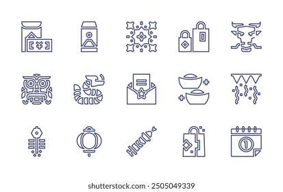 Conjunto de iconos de línea de año Nuevo. Trazo editable. Ilustración vectorial. Contiene fuegos artificiales, tarjeta de año nuevo, regalo, linterna, bolso de compras, otodoshidama, dragón, lingote, dinero, confeti.