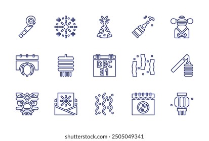 New Year line icon set. Editable stroke. Vector illustration. Containing lantern, chineselantern, fireworks, godofwealth, december, partyhat, confetti, champagne.