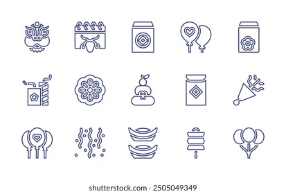 New Year line icon set. Editable stroke. Vector illustration. Containing confetti, mooncake, goat, kagamimochi, redenvelope, balloons, goldingot, dragon, firecrackers.