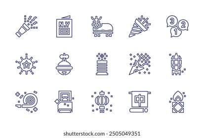 New Year line icon set. Editable stroke. Vector illustration. Containing fireworks, confetti, countdown, luckycharm, greetingcard, firecracker, chineselantern, liondance.