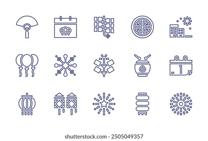 New Year line icon set. Editable stroke. Vector illustration. Containing chinesesymbol, drum, lantern, fireworks, fan, calendar, balloons, firework, firecracker, chineselantern.