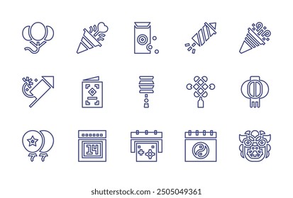 Conjunto de iconos de línea de año Nuevo. Trazo editable. Ilustración vectorial. Contiene año bengalí, año nuevo, fuegos artificiales, tarjeta de felicitación, globo, confeti, globos, linterna china, moneda.