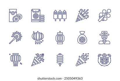 New Year line icon set. Editable stroke. Vector illustration. Containing chineselantern, lantern, redenvelope, confetti, fireworks, partypopper, giftbag, tiger, sparkler.