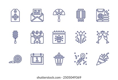 New Year line icon set. Editable stroke. Vector illustration. Containing calendar, chinese, chinesenewyear, lantern, fireworks, invitation, paperlantern, blower, partyblower, fan.